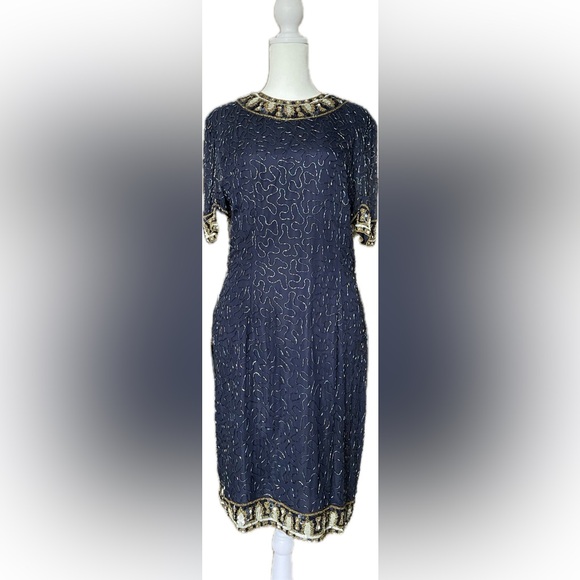 Laurence Kazar Navy and Gold Beaded Dress - Picture 2 of 8